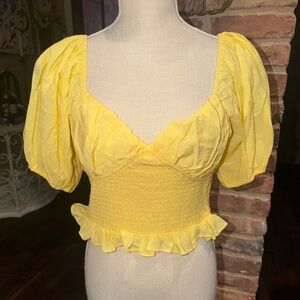 Endless Rose Peplum Top V Neck Puff Sleeve Blouse Peasant Romantic Size S Yellow